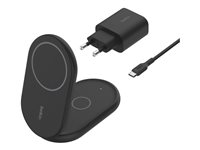 Belkin BoostCharge 2-in-1 - Trådlöst laddställ - magnetisk, hopfällbar, med Qi2 + växelströmsadapter - 15 Watt - Fast Charge - svart - för Apple iPhone 12, 13, 14, 15, 16 WIZ028VFBK
