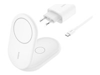 Belkin BoostCharge 2-in-1 - Trådlöst laddställ - magnetisk, hopfällbar, med Qi2 + växelströmsadapter - 15 Watt - Fast Charge - vit - för Apple iPhone 12, 13, 14, 15, 16 WIZ028VFWH