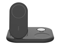 Belkin BoostCharge 3-in-1 - Trådlöst laddställ - magnetisk, hopfällbar, med Qi2 + växelströmsadapter - 15 Watt - Fast Charge - svart WIZ029VFBK