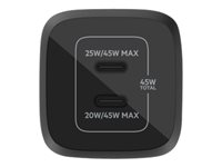 Belkin BoostCharge Pro - Strömadapter - PPS- och GaN-teknik - 45 Watt - 3 A - Fast Charge, PD 3.0 - 2 utdatakontakter (2 x USB-C) - svart WCH011VFBK