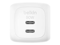 Belkin BoostCharge Pro - Strömadapter - GaN - 50 Watt - Fast Charge, PD 3.1/PPS - 2 utdatakontakter (2 x USB-C) - vit WCH019KQWH